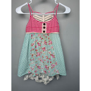 Girls Free Planet Aqua Pink Striped Floral Casual Dress Size S
